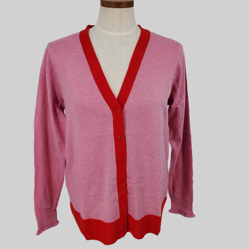 Candace Cameron Bure Pink Red Trim Button Front Knit Cardigan Sweater Womens S